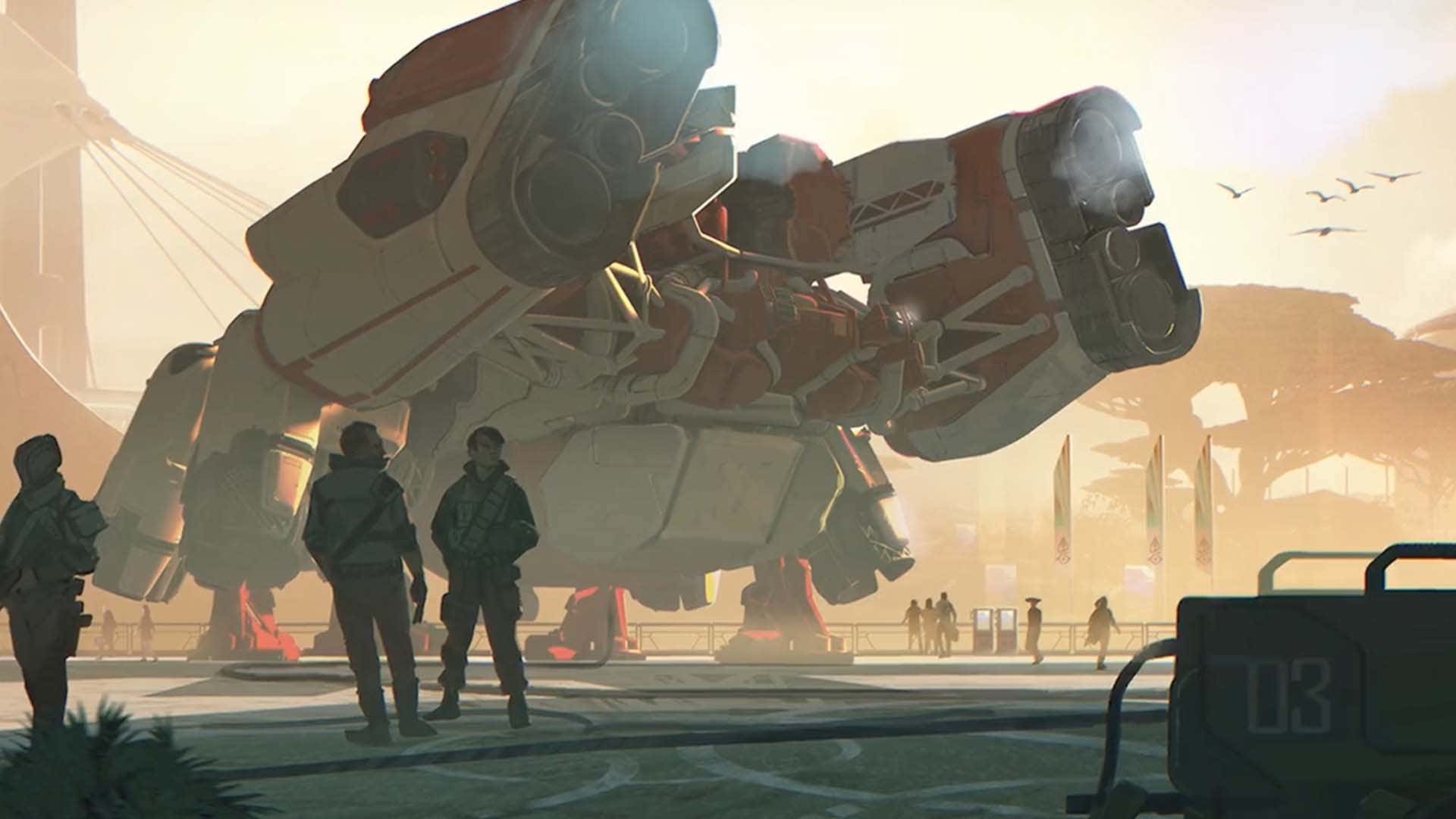 Ein Bild zeigt ein großes Raumschiff, das auf einer Landeplattform in der Nähe einiger Menschen ruht. 